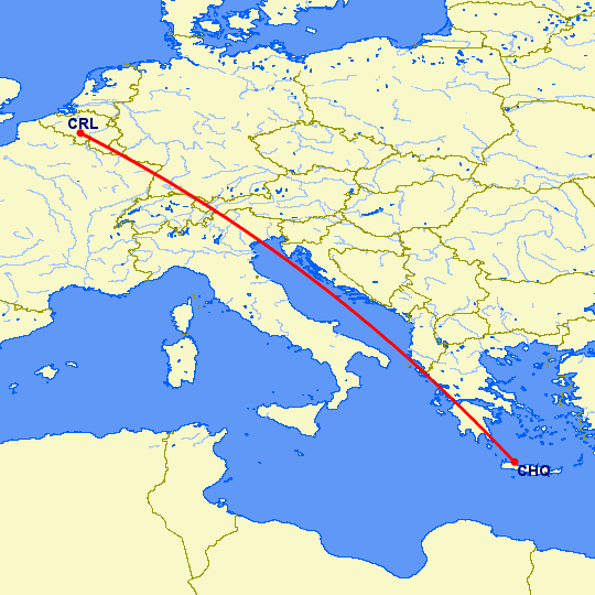 перелет Chania — Шарлеруа на карте