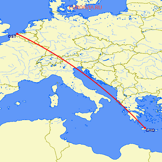 перелет Chania — Ostend на карте