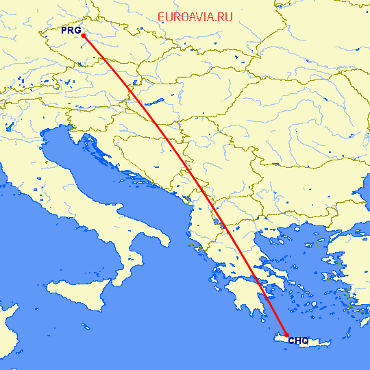перелет Chania — Прага на карте