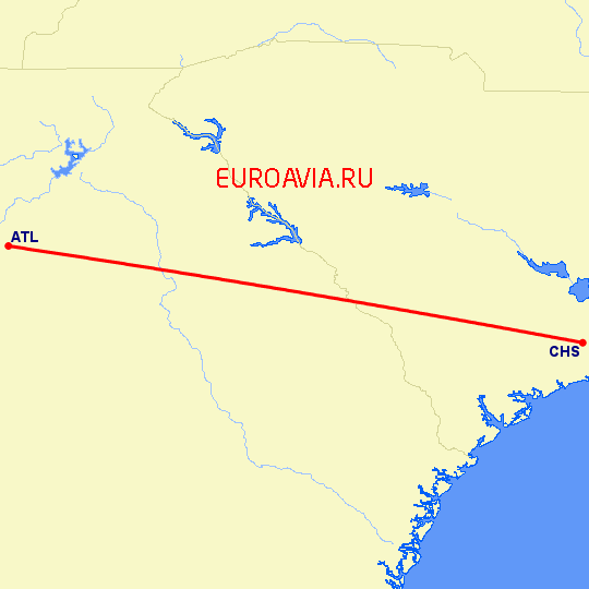 перелет Чарльстон — Атланта на карте