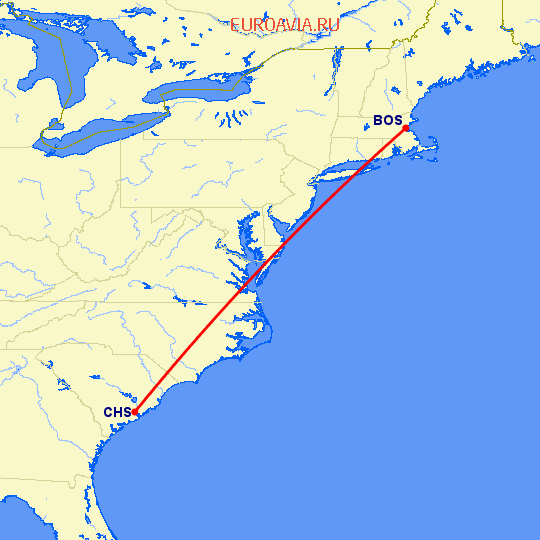 перелет Чарльстон — Бостон на карте