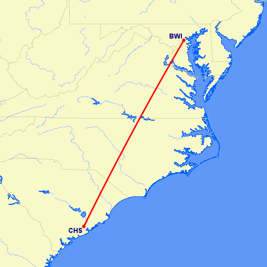 перелет Чарльстон — Балтимор на карте