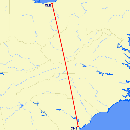 перелет Чарльстон — Кливленд на карте