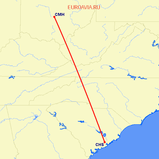 перелет Чарльстон — Колумбус на карте