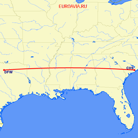 перелет Чарльстон — Даллас на карте