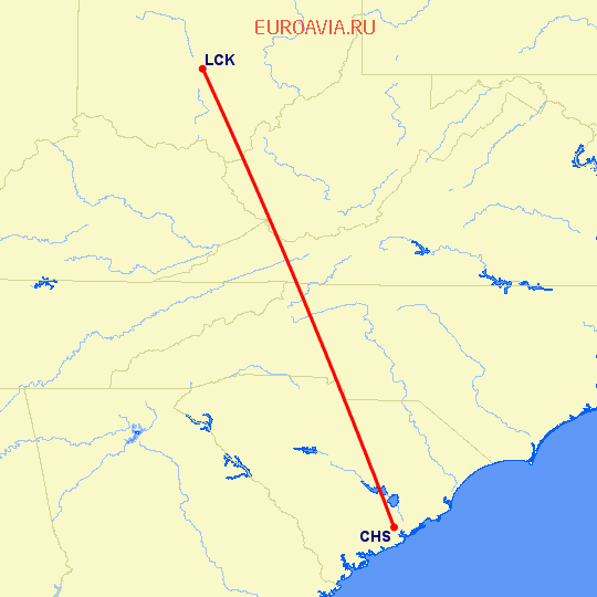 перелет Чарльстон — Columbus на карте