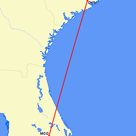 перелет Чарльстон — Орландо на карте
