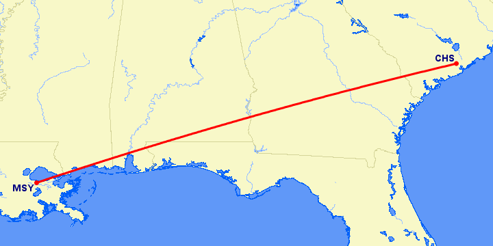 перелет Чарльстон — Новый Орлеан на карте