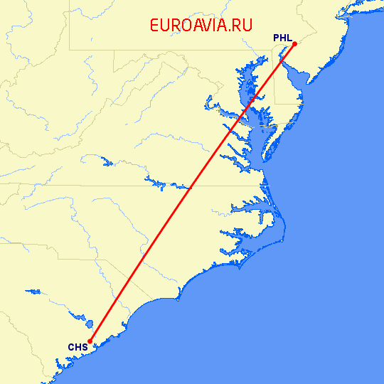 перелет Чарльстон — Филадельфия на карте