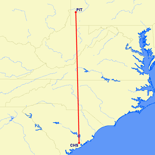 перелет Чарльстон — Питтсбург на карте