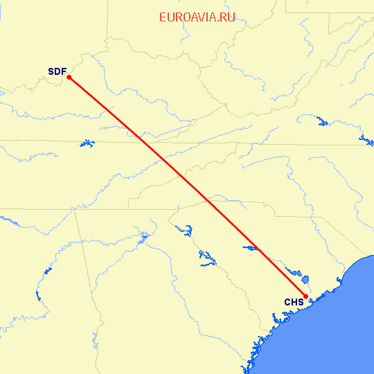 перелет Чарльстон — Луисвилл на карте