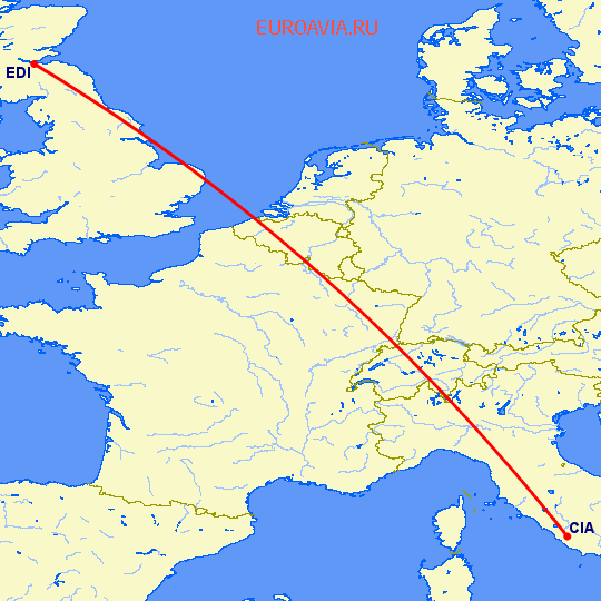 перелет Рим — Эдинбург на карте
