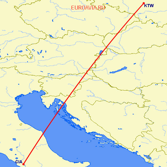 перелет Рим — Катовице на карте
