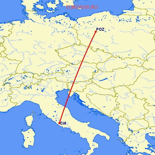 перелет Рим — Познань на карте