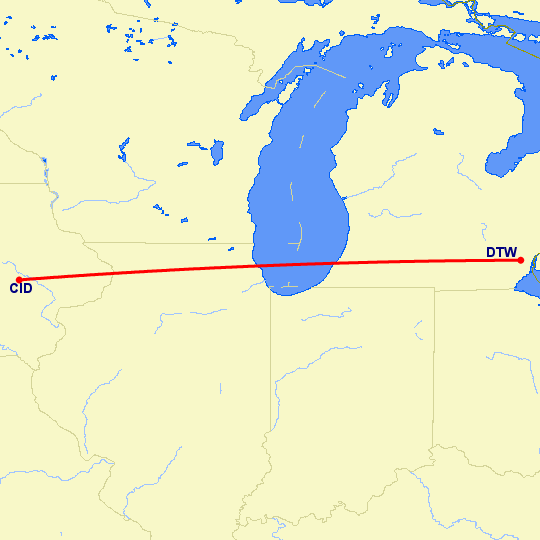 перелет Сидар Рапидс — Детройт на карте
