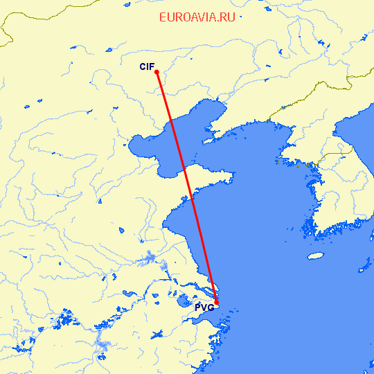 перелет Чифен — Шанхай на карте