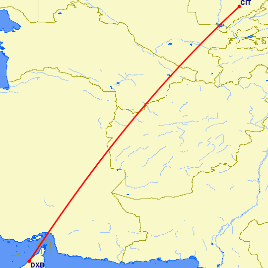 перелет Чимкент — Дубай на карте