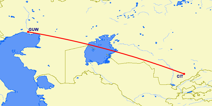 перелет Чимкент — Атырау на карте