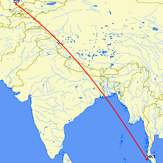 перелет Чимкент — Пхукет на карте