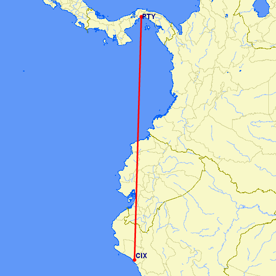 перелет Чиклайо — Панама Сити на карте
