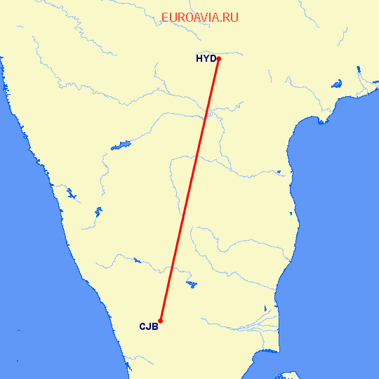 перелет Коимбаторе — Хидерабад на карте