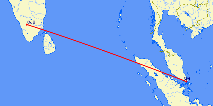 перелет Коимбаторе — Сингапур на карте