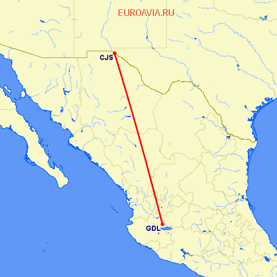 перелет Сьюдад Хуарез — Гуадалахара на карте