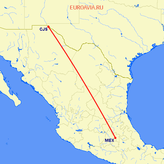 перелет Сьюдад Хуарез — Мексико Сити на карте