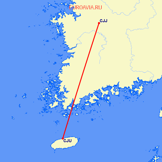 перелет Jeju — Cheongju на карте