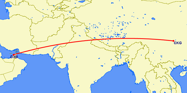 перелет Чонсинь — Дубай на карте