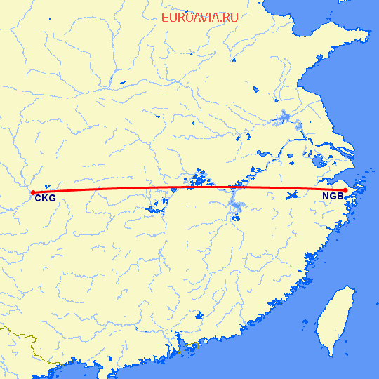 перелет Чонсинь — Нинбо на карте