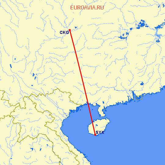перелет Чонсинь — Санья на карте