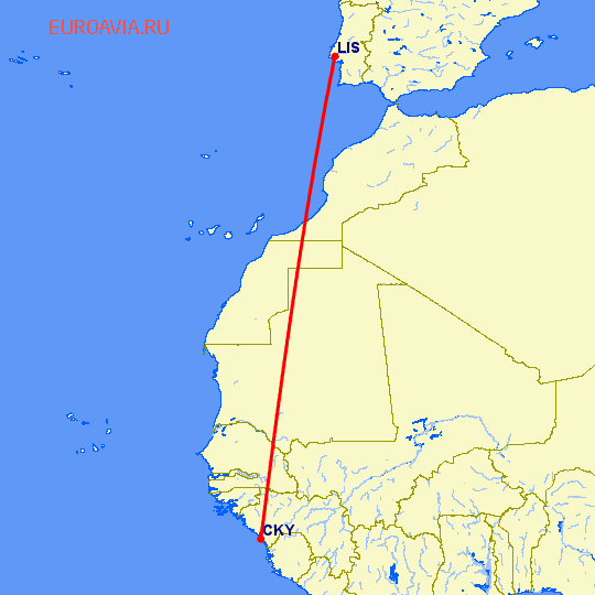 перелет Конакри — Лиссабон на карте