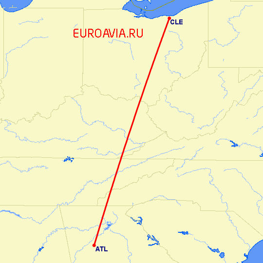 перелет Кливленд — Атланта на карте