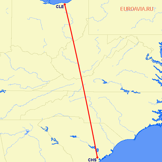 перелет Кливленд — Чарльстон на карте