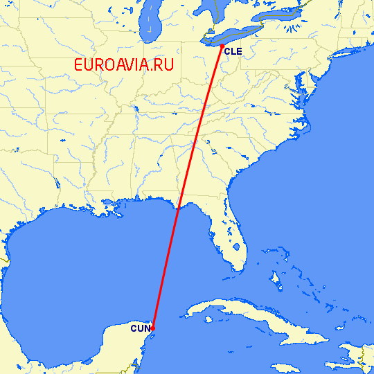 перелет Кливленд — Канкун на карте