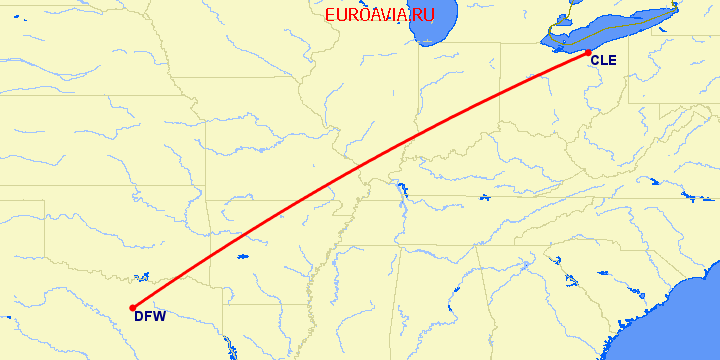 перелет Кливленд — Даллас на карте