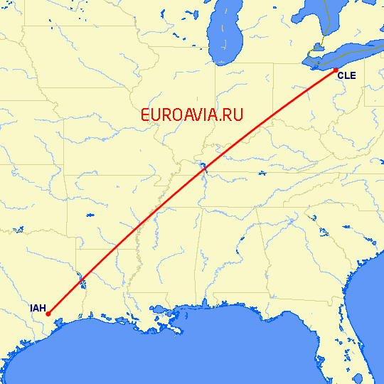 перелет Кливленд — Хьюстон на карте