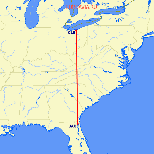 перелет Кливленд — Джексонвиль на карте