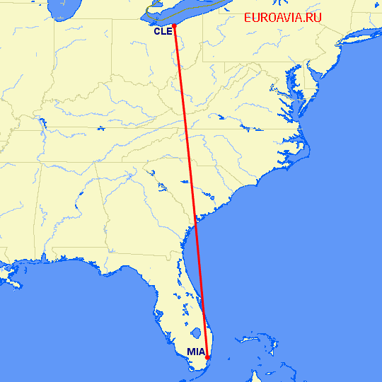 перелет Кливленд — Майами на карте