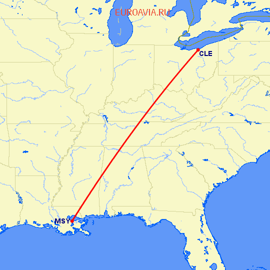 перелет Кливленд — Новый Орлеан на карте