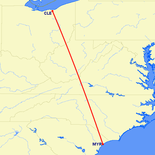 перелет Кливленд — Миртл Бич на карте