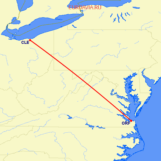 перелет Кливленд — Норфолк на карте
