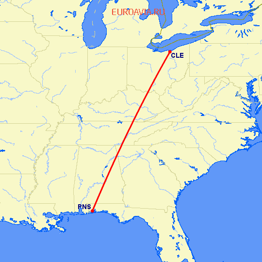 перелет Кливленд — Pensacola на карте