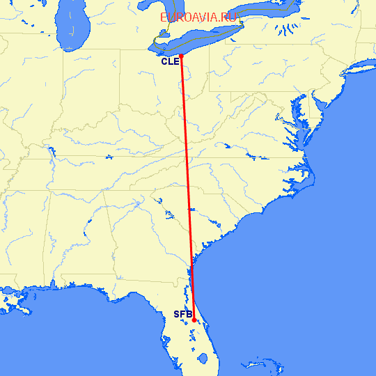 перелет Кливленд — Sanford на карте