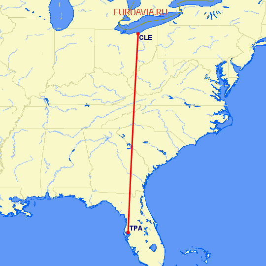 перелет Кливленд — Тампа на карте