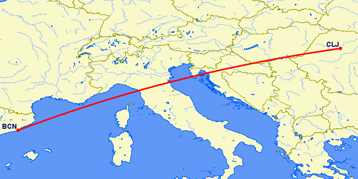 перелет Клуж Напока — Барселона на карте