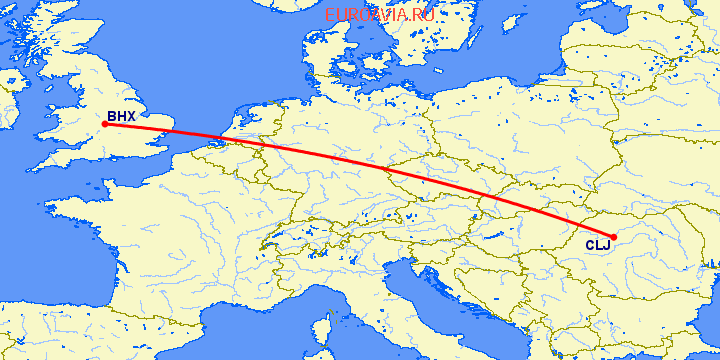 перелет Клуж Напока — Бирмингем на карте