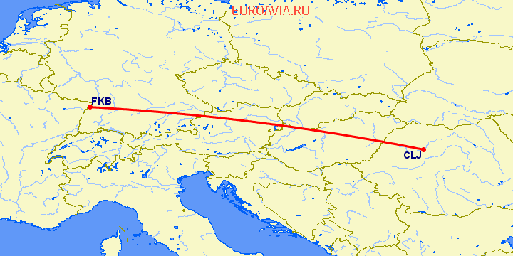 перелет Клуж Напока — Карлсруэ-Баден Баден на карте