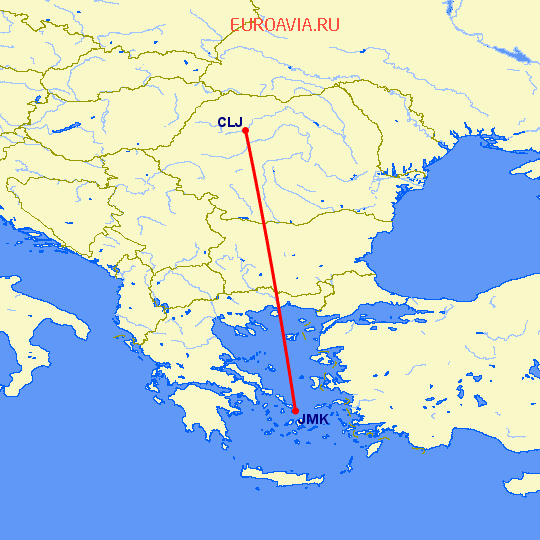перелет Клуж Напока — Миконос на карте